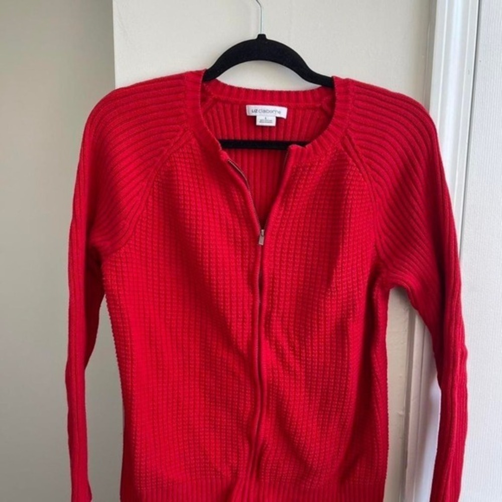 Liz Claiborne Cardigan Womens L Red Waffle Knit Full Zip Cotton Sweater